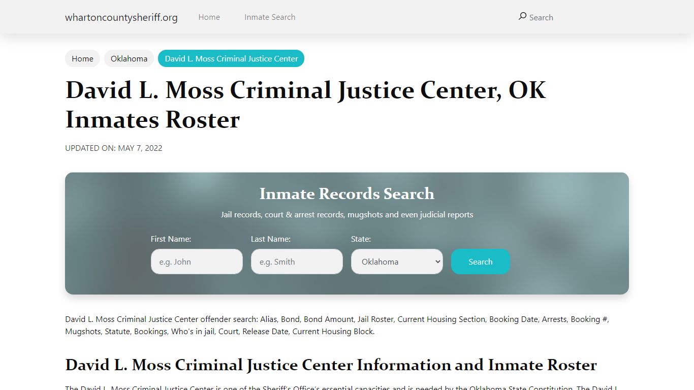 David L. Moss Criminal Justice Center , OK Inmates Roster